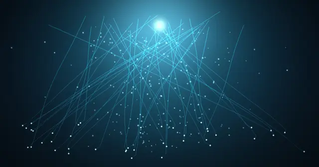 Streams of glowing data points rising from many devices toward a bright cloud