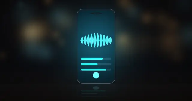A smartphone glowing with a voiceprint and read-out bars on a table in a softly lit room